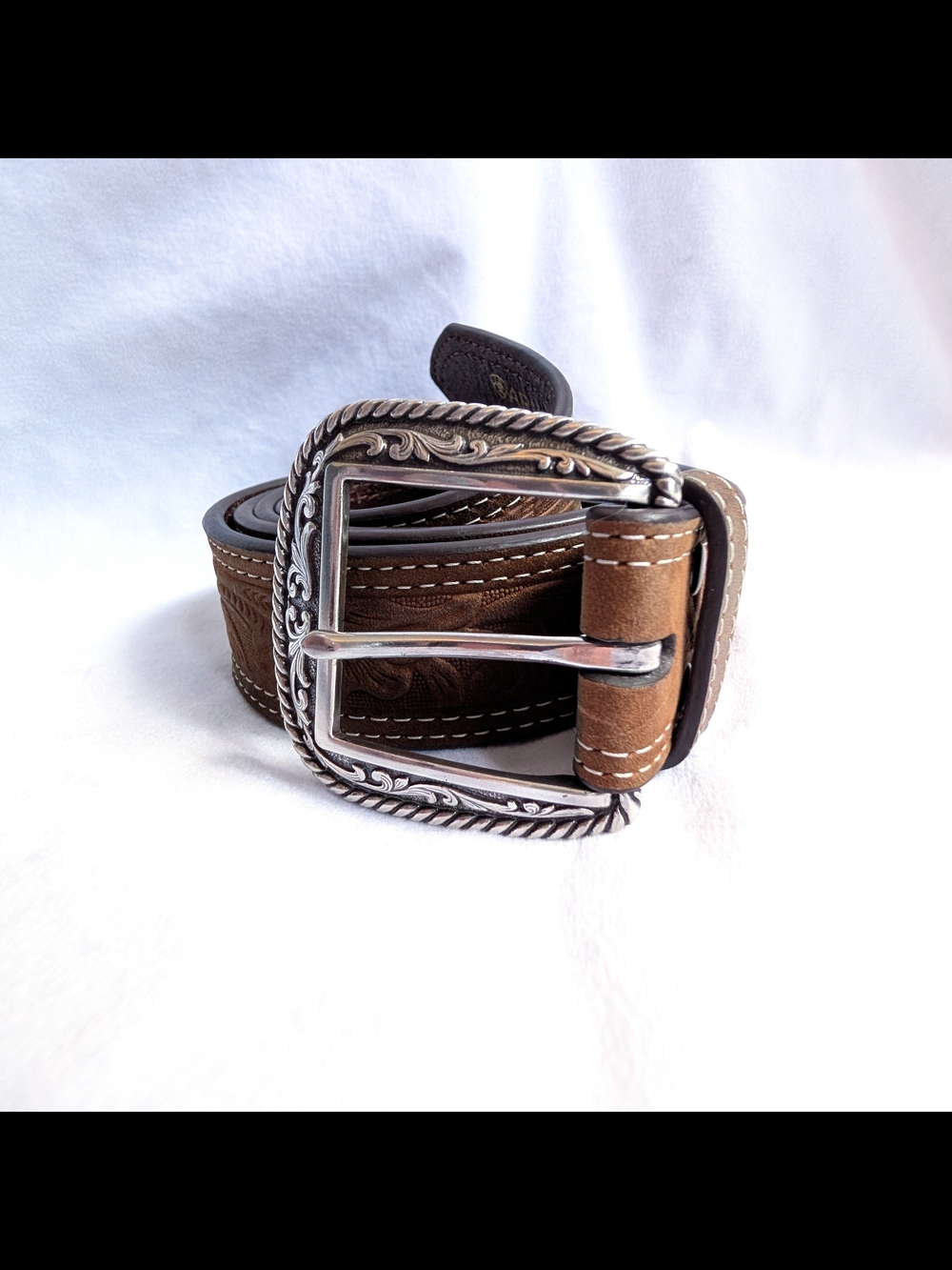 Mens Ariat Leather Floral Embossed Belt 2007 Silver Buckle Western Brown